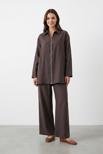 Puane Fermuarlı Tunik Pantolon Taşlı Takım