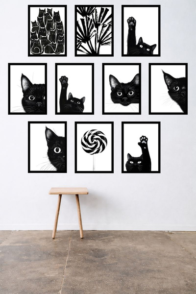 UNT 10-Piece Framed Look Modern Black Cat Wall Poster Painting Set – 15X20 cm...