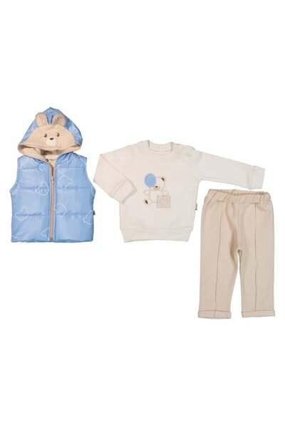Hippıl Baby Teddy Bear Patterned Hooded 3-Piece Baby Set Blue