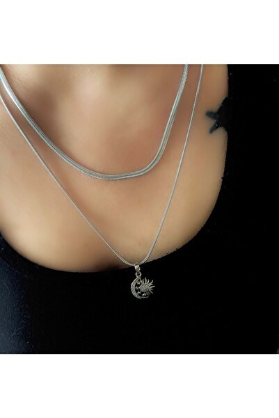 ACAR TAKI Steel 2-Piece Moon-Sun Necklace 44+6Cm-Silver Color Acr9255