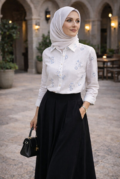 ŞIK VE MUTLU Flower Embroidery Raw K Linen Premium Hijab Women's Shirt