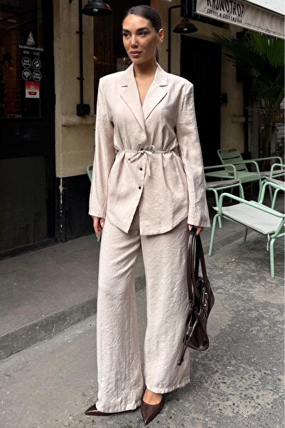 Madmext Beige Tie-Detail Modal Women's Jacket Set Mg2738