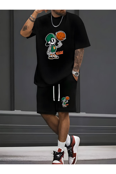 Flow touch Men's Black Printed Oversized Shorts Tracksuit Set