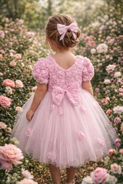ABİYEKİDS Rochie de seara pentru copii, roz, cu flori în relief, tul piese, A...