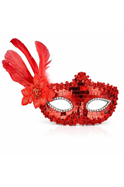 doremodam قناع الحفلات الفاخر المزين بالريش الأحمر والترتر مرصّع بالأحجار - ل...