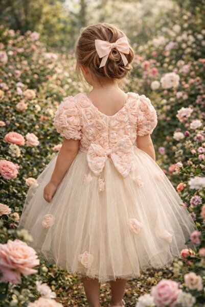 ABİYEKİDS Gül Kabartmalı Tüllü Tarz Somon Çocuk Abiye Elbise Aby251