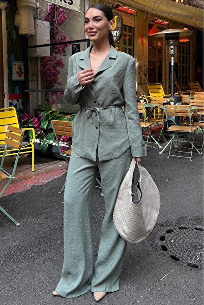 Madmext Khaki Tie-Detail Modal Women's Jacket Set Mg2738