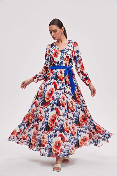 Livia Long-sleeve patterned maxi dress with belt