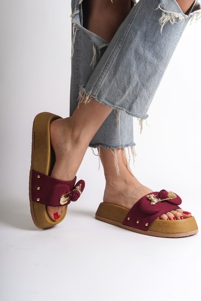 pabucmarketi Burgundy Orthopedic Satin Teddy Bear Print Women's Flat Slipper