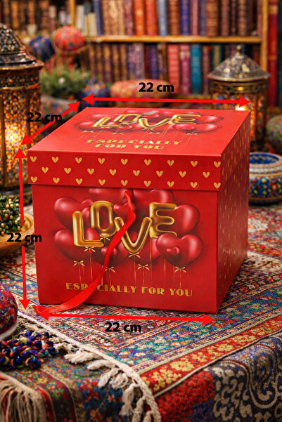 BİLGİ K K Lüks ipli Kapaklı Karton Hediye Kutusu 22x22x22 cm Katlanabilir Tekrar Kullanılabilir büyük boy krmz