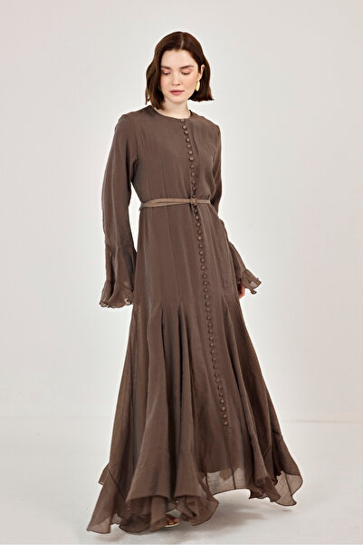 FUSHYA İnce Tensel Volan Detaylı Boydan Düğmeli Elbise