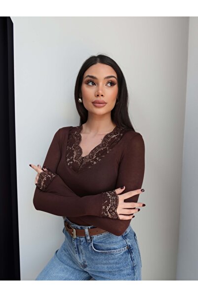 ESRAHELVACI Yaka dantelă li amestec de cașmir Bluză