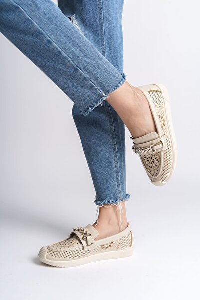 pabucmarketi Cream Floral Print Women Ballet Flats