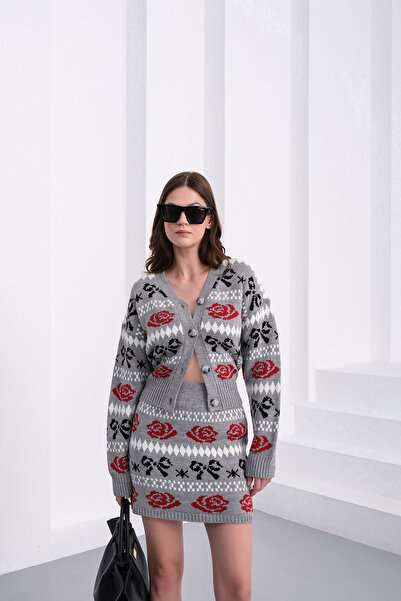 Sea Style Gray Rose Patterned Knitwear Cardigan and Mini Skirt Set