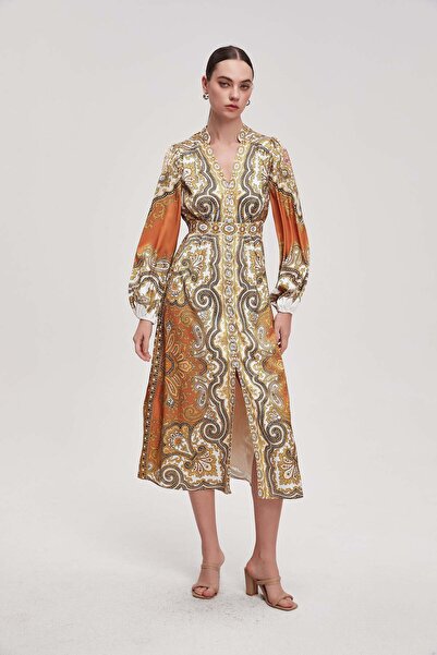 Livia فستان ميدي طويل الأكمام منقوش وفتحة أمامية