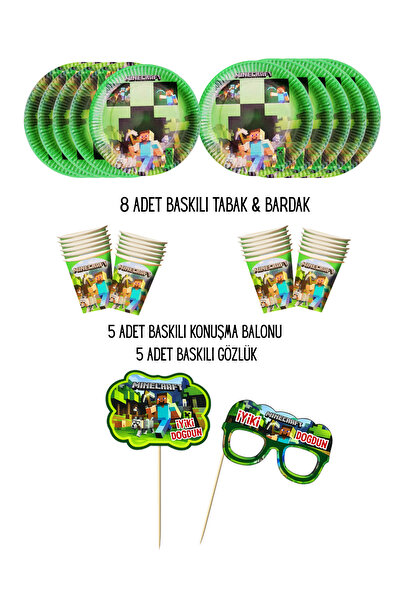 HAPPYLOOPPARTY MineCRAft Baskılı 8 Kişilik Tabak , Bardak & 5 Adet Konuşma Ba...