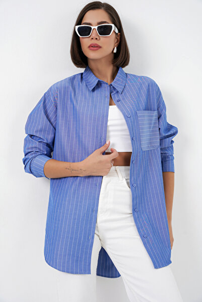 Bigdart 20217 Sa detaljem džepa Prugasto Oversize kroj Košulja - Mornarsko plava