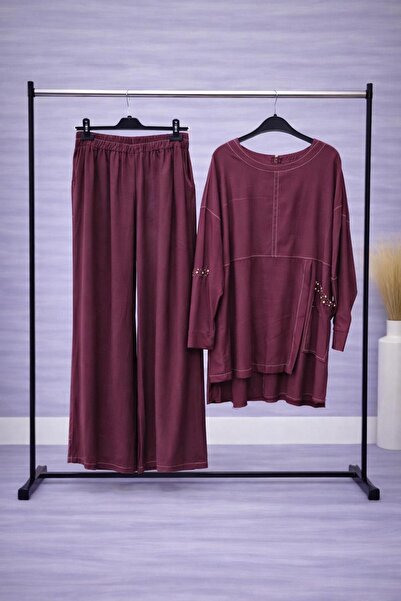 Ceremony Bordo Taş Detaylı Tunik Pantolon İkili Takım