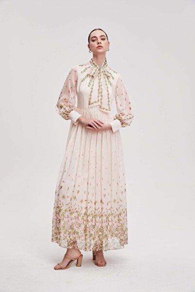 Nichii Long-sleeve patterned maxi dress with neck tie