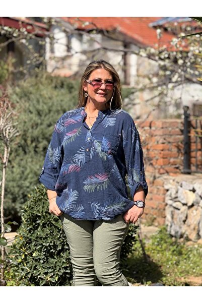 Punta Otantik Yg14085 Italian Three-Button P Cotton K Linen Blouse Navy Blue