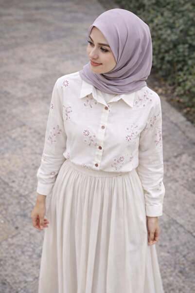 ŞIK VE MUTLU Flower Embroidery Raw K Linen Premium Hijab Women's Shirt