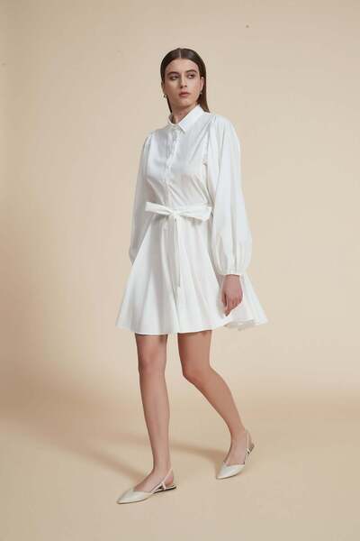 Yola Wide long-sleeve short dress with shirt collar