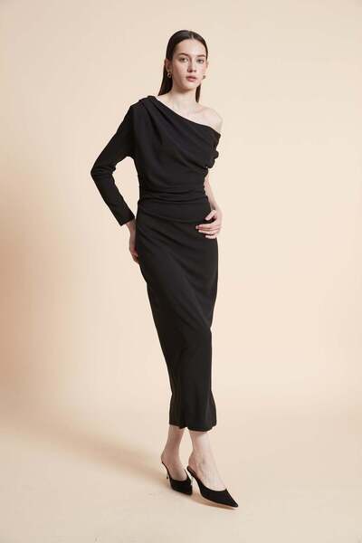 Yola Cold-shoulder long-sleeve midi dress