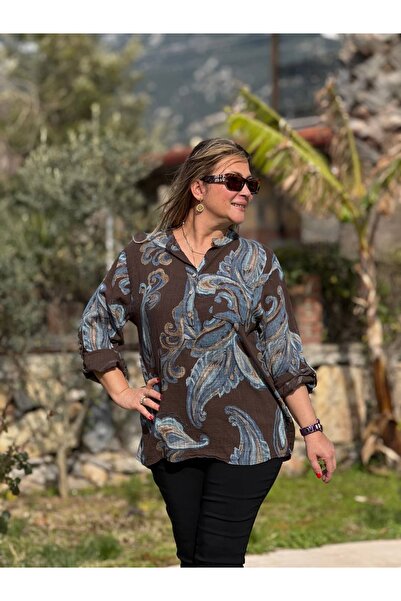 Punta Otantik Yg14050 Italian Three-Button P Cotton K Linen Blouse Coffee