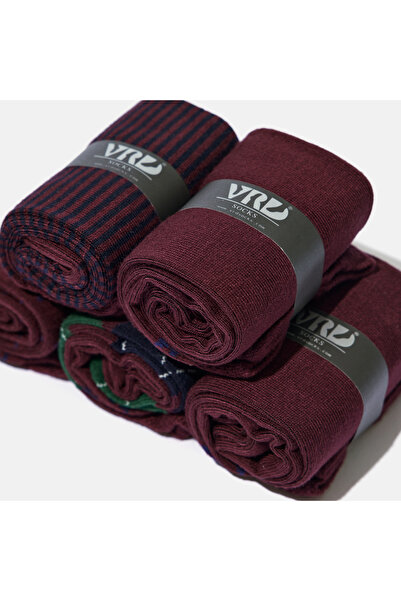 VARDAR SOCKS Dikişsiz Bambu Çorap Jakarlı Bordo Desenli Renk Erkek Çorap Kutulu 5 Çift Premium Uzun Çorap Mix