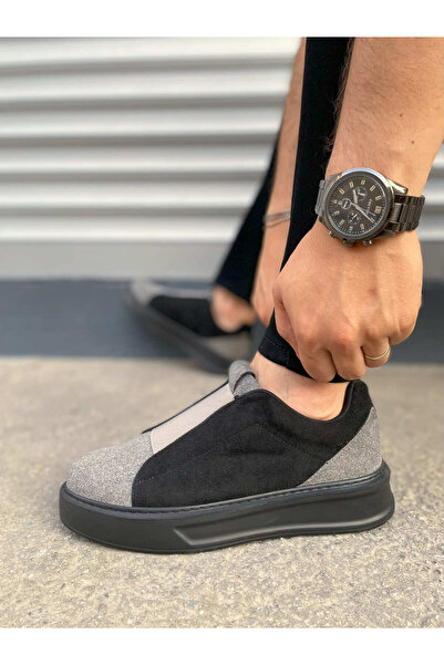 pabucmarketi Gray Suede Black Detailed Elastic Men's Sneakers