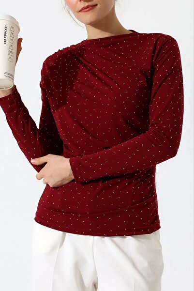 AKD Atelier Kadın Bluz Taşlı Drapeli Uzun Kollu Sandy Kumaş Kısa Şık Bluz