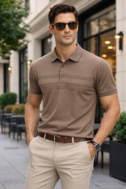 Maccali Men's Comfort Fit Patterned Brown Polo Neck T-Shirt