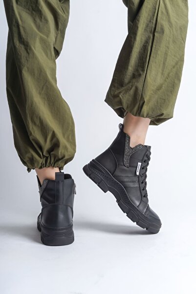 pabucmarketi Black (Black Sole) Lace-Up Zippered Women's Sneakers Boots