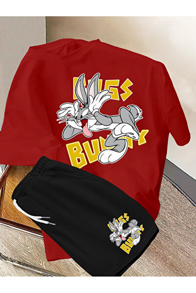 Flow touch تي شيرت BUNNY - طقم بدلة رياضية مع شورت مطبوع مقاس كبير برقبة دائرية