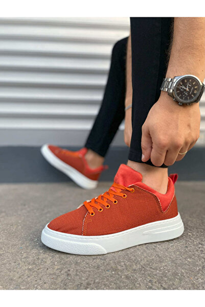 pabucmarketi Orange Linen Lace-Up Men's Sneakers