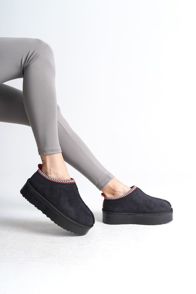 pabucmarketi Black Suede Short Fur-Lined Women's Flat Boots