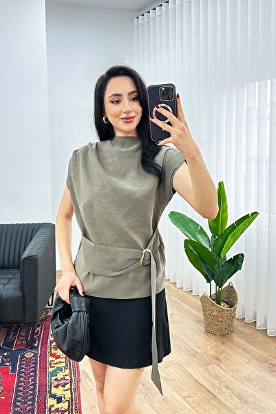 Hipo Trend Gold Buckle Detail Drapey Stylish Khaki Blouse