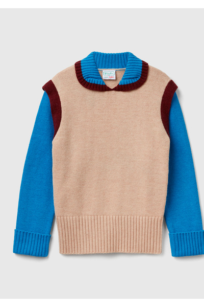 United Colors of Benetton Girl's beige Wool Blend contrast polo neck stranger...