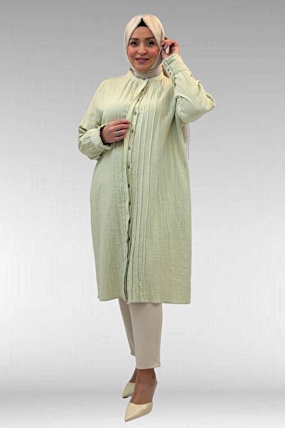 Eslina 68022 Büyük Beden Boydan Pile Detaylı Müslin Gömlek - Su Yeşili