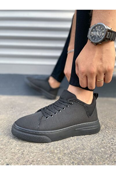 pabucmarketi Black (Black Sole) Linen Lace-Up Men's Shoes Sneakers