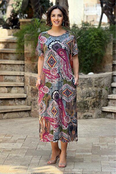 Nevin Kaya Moda Rochie colorată cu imprimeu etnic bumbac moale - P1