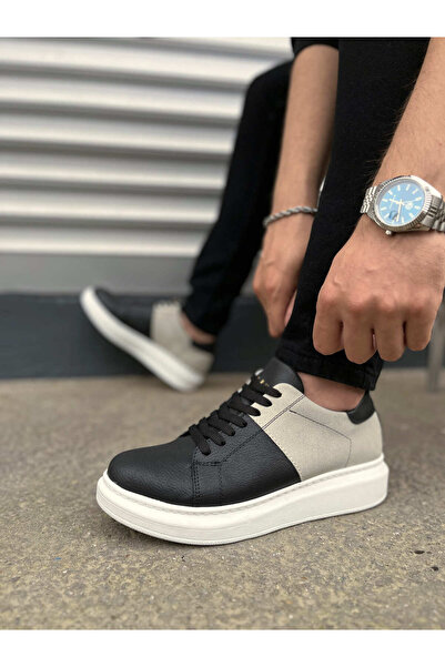 pabucmarketi Black (White Sole) Gray Suede Detailed Lace-Up Men's Shoes Sneakers