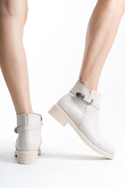 pabucmarketi Cream Zippered Women's Heeled Boots