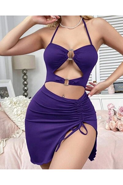 Mores Purple Low-Cut Mini Dress with Slit Detail
