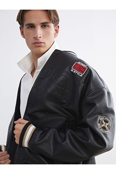 LC Waikiki Comfortable Fit College Collar Men's Leather-Look Coat