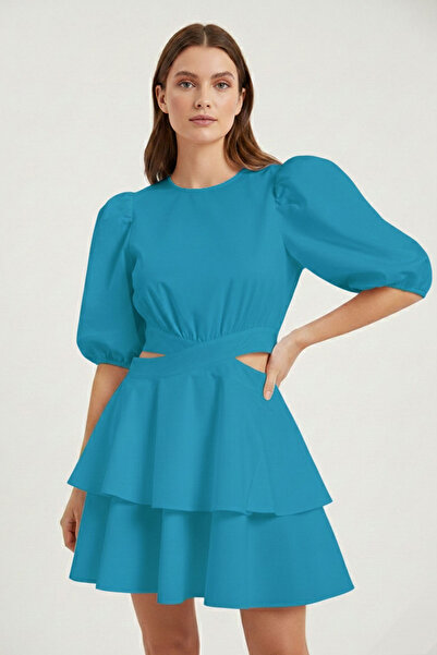 Deriderim Mavi Bel Dekolteli Kat Volanlı Mini Elbise