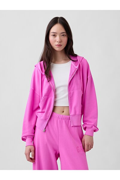 GAP Kadın Pembe Oversized Logo Fransız Havlu Kumaş Fermuarlı Sweatshirt