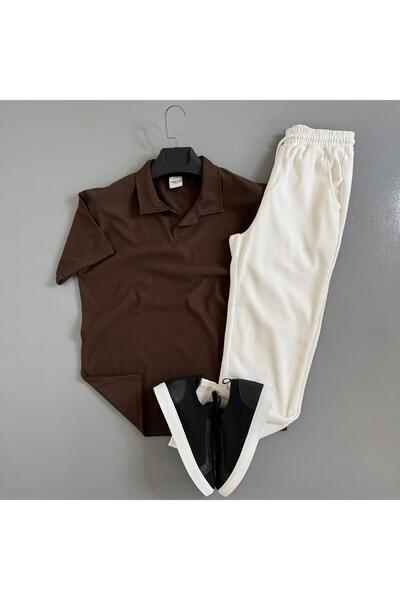 WENMİNG Men's Corded Fabric Ottoman Fabric Polo Collar T-Shirt and Pants Summ...