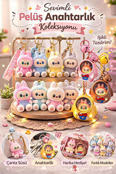 BMHOUSE LABUBU 3’lü Peluş Figür Anahtarlık Seti Işıklı Çanta Süsü (Oturan + K...