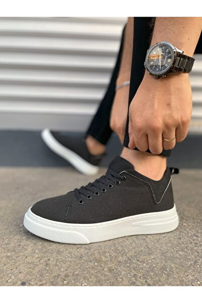 pabucmarketi Black (White Sole) Linen Lace-Up Men's Shoes Sneakers